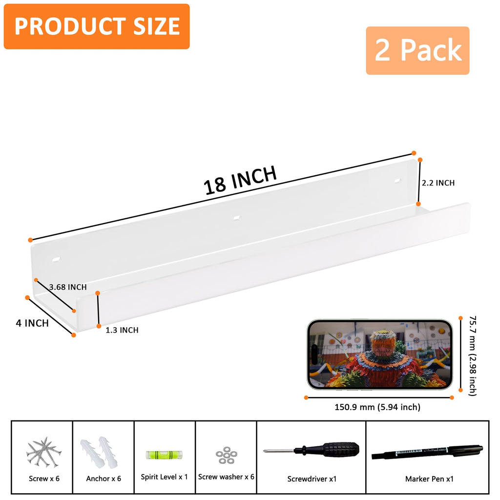18 Inches White Acrylic Wall Display Shelf 2 Pack, Wall Shelves Organizer for Books, Bottles, Small Plants, Picture