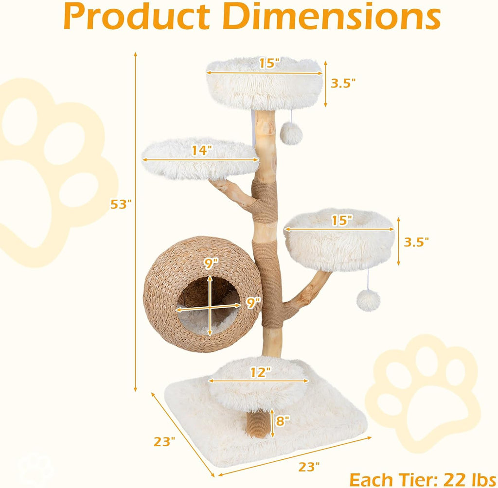 53-inch Wood Cat Tree, Multi-Level Modern Wooden Cat Tower, White