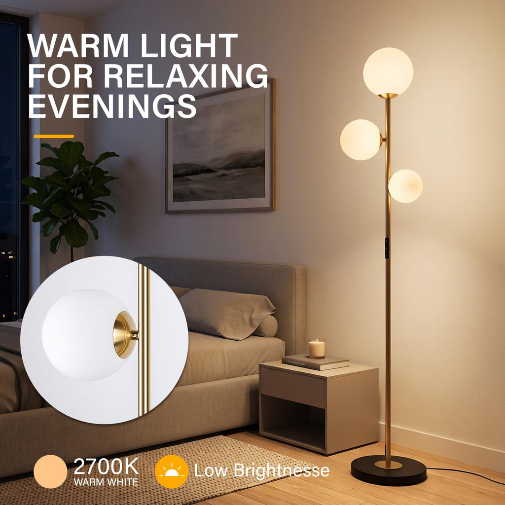 3 Globe Floor Lamp - Mid Century Modern Standing Light with 3 Color Temperatures, LED Frosted Glass Shades (Gold)