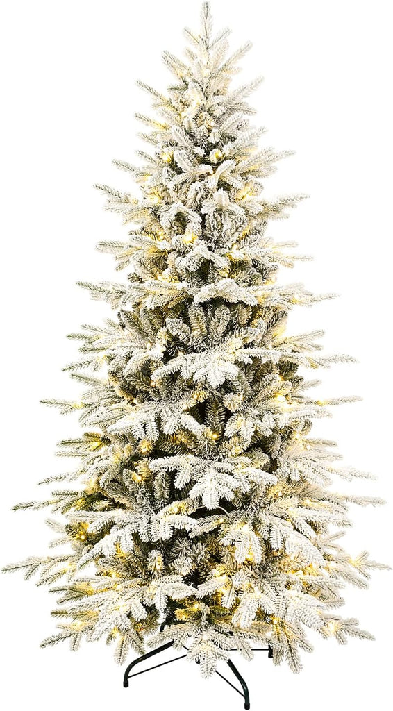 Christmas Tree Prelit Flocked,Snow Frosted PE Tips Premium Artificial Xmas Tree,Foldable Metal Base, Holiday