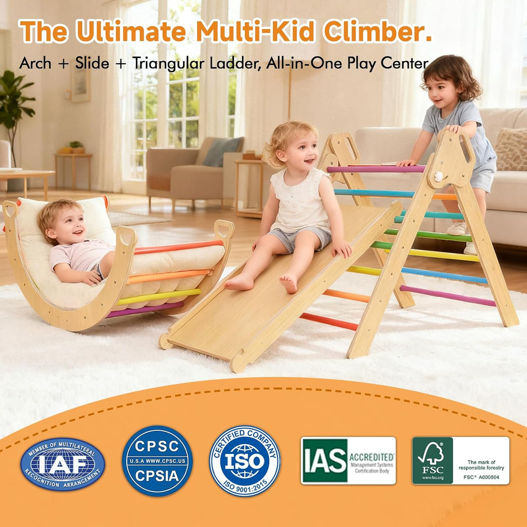 Large Triangle Set with Cushion,7 in 1 Foldable Baby Jungle Gym with Ramp & Arch,Wooden Montessori Toddler Climbing