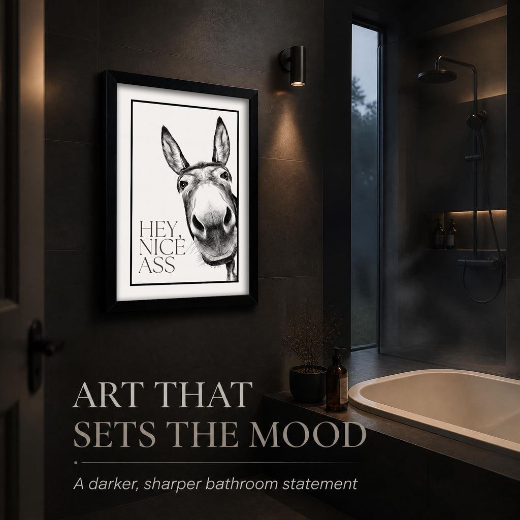 Framed, Funny Animal Bathroom Wall Art, Humorous Donkey Canvas Wall Decor Black and White Bathroom Print Painting