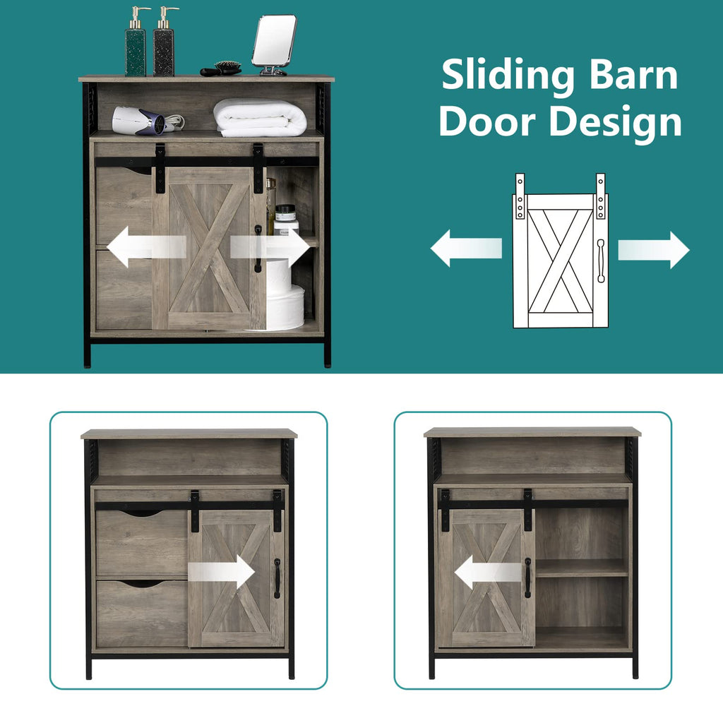 Farmhouse Bathroom Floor Storage Cabinet, Rustic Freestanding Cabinet Organizer w/Sliding Barn Door, 2 Large Drawers
