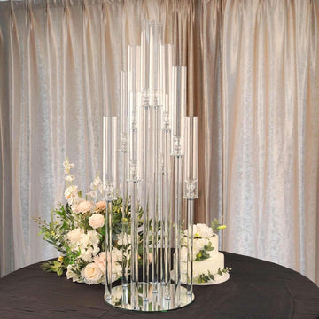 47" Tall - 10 Arms Clear Crystal Cluster Round Candelabra, Pillar Candle Holders with Mirror Base , Party Decorations