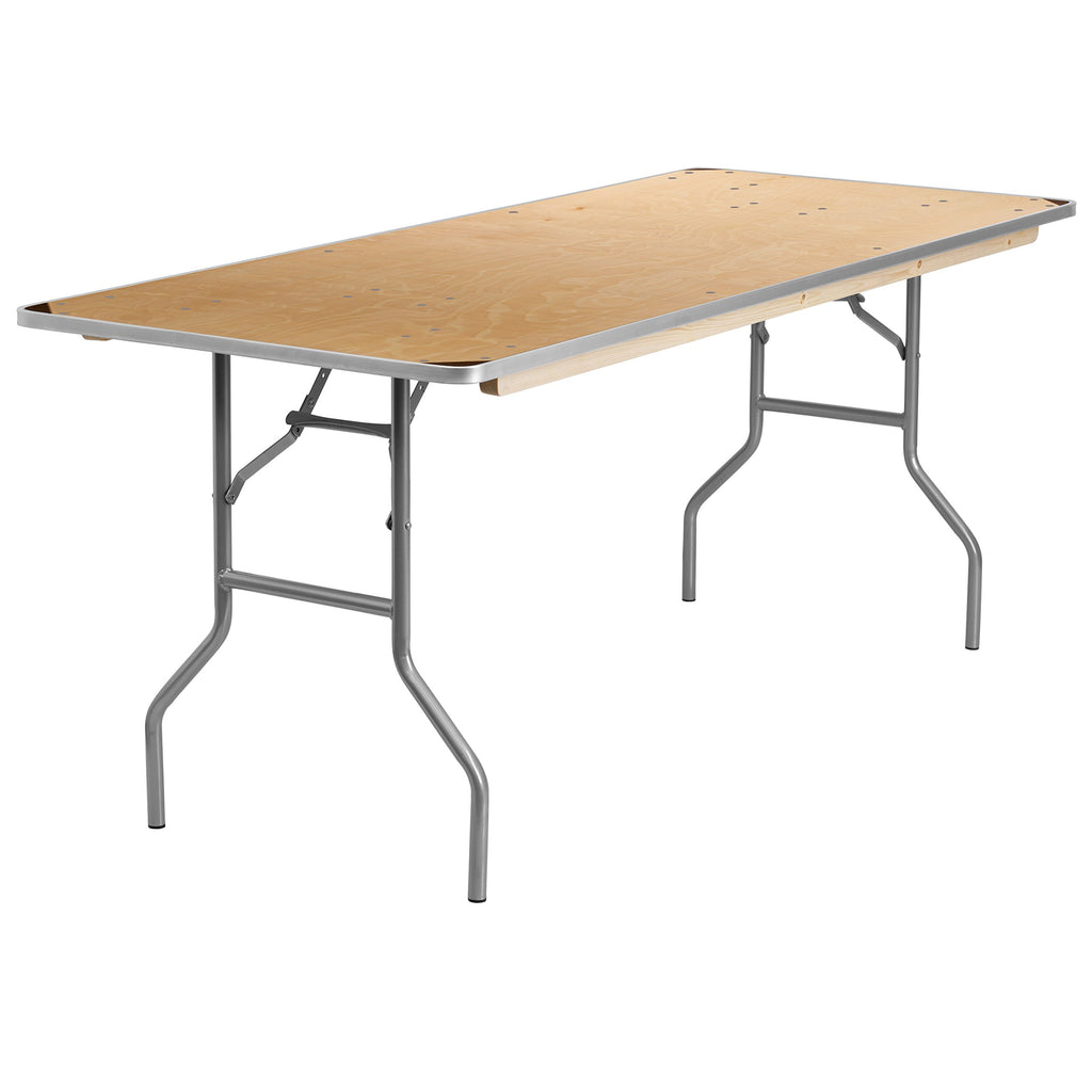 6 ft Rectangular Birchwood Folding Banquet Table with Metal Edges + 72" Bar Top Riser
