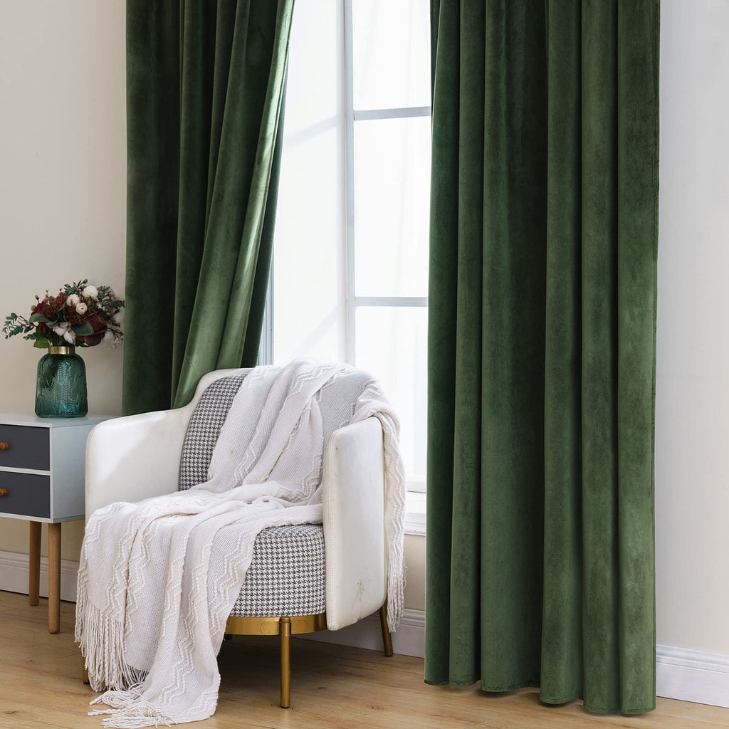 Velvet Curtains 52x108 inches 2 Panels Olive Green Blackout Curtains