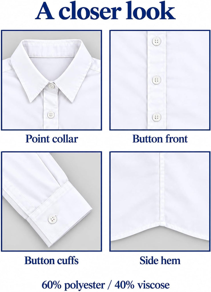 Girls White Button Down Shirt Long Sleeve School Uniform Blouse