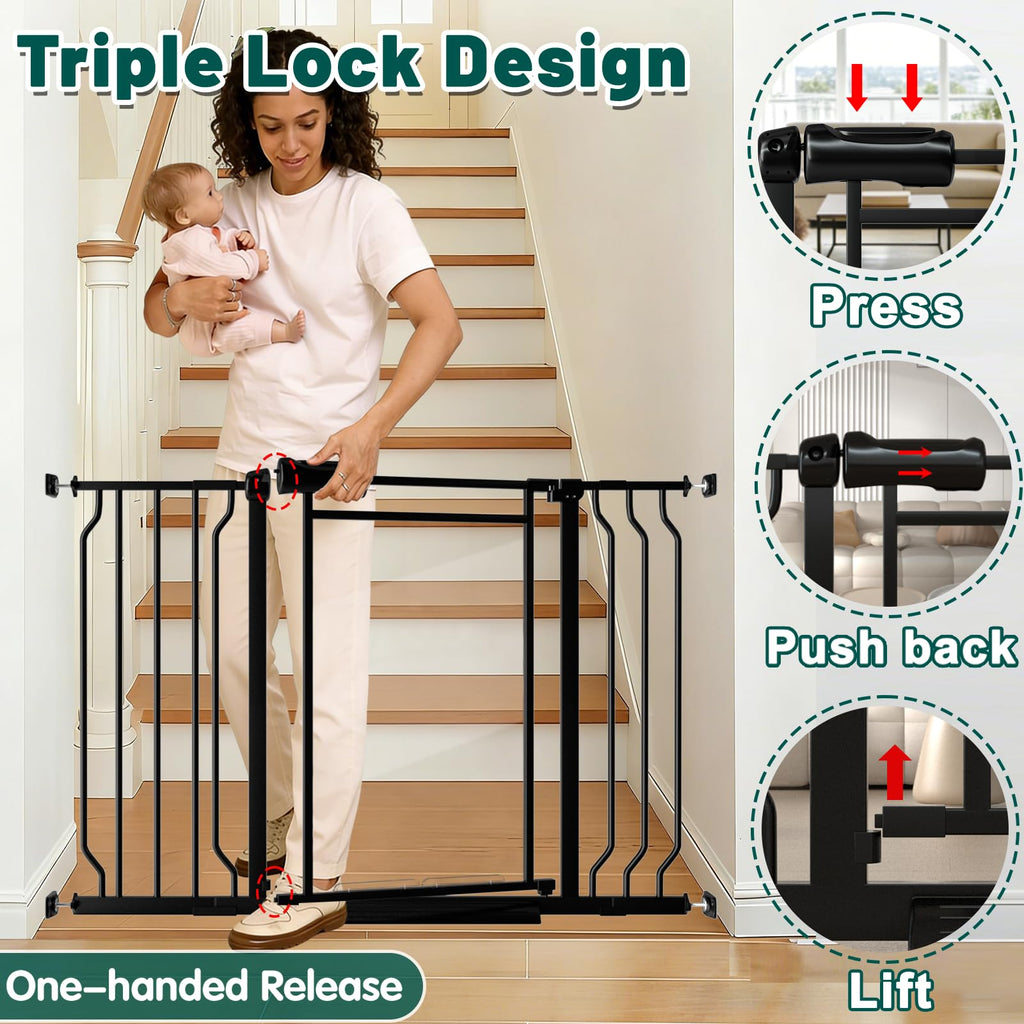 29.5-48 Inch Wide Triple Lock Clear Baby Gate Pressure Mounted