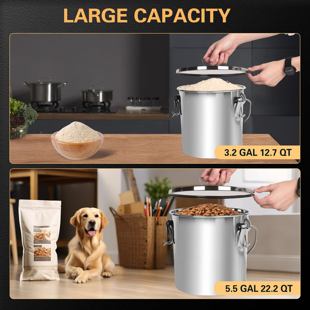 21L/5.6GAL and 12L/3.2GAL Stainless Steel Airtight Canister, Food Storage Canisters with Lid&Locking Clamp for Rice