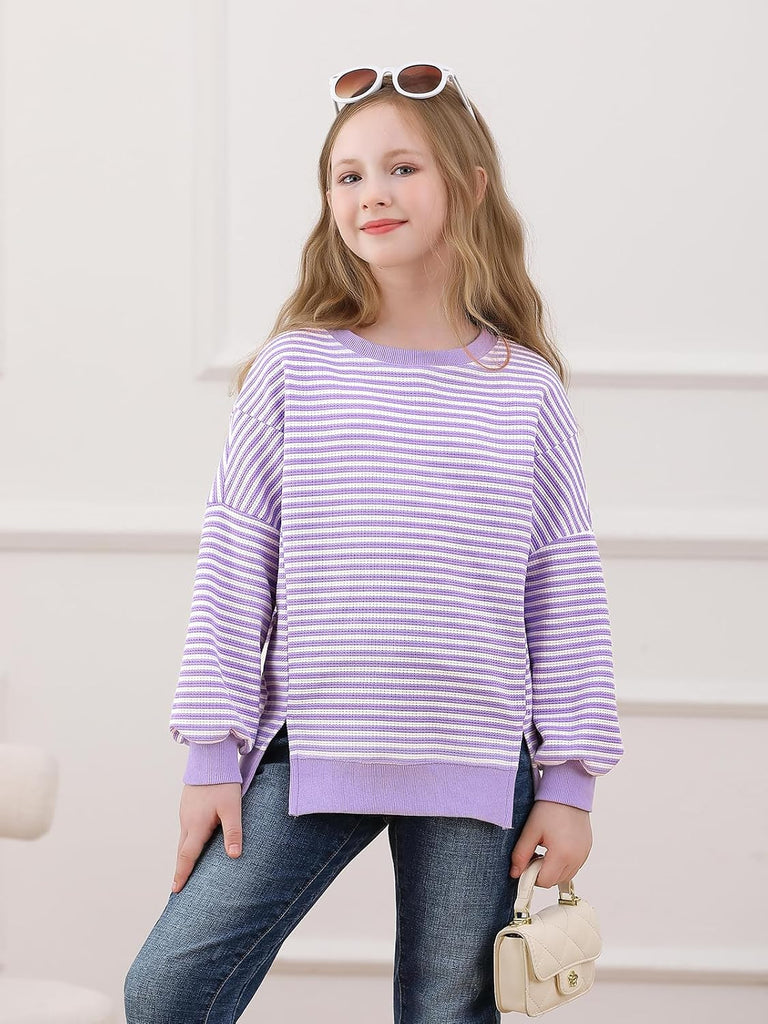 Girls Oversized Striped Sweatshirt Waffle Knit Pullover Tops