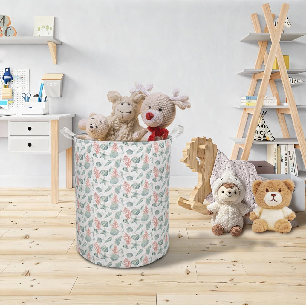 Coastal Beach Laundry Basket Hamper, Ocean Nursery Decor, Blue Seahorse Seashell Starfish Coral Foldable Clothes Toys