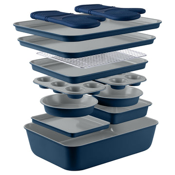 Nonstick Stackable Bakeware Set - Deluxe Heavy Duty, Durable, Easy Release Baking Set, Denim, 13 Pcs