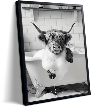 Highland Cow Bathroom Wall Art, Cute Black and White Animal Wall Decor Painting, Highland Cow in Bathtub Farmhouse