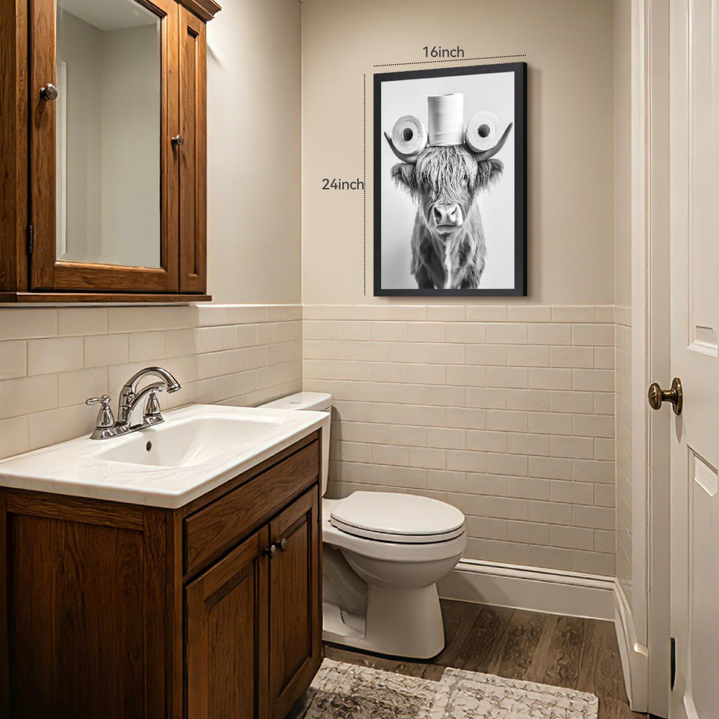 Wood Framed Black White Highland Cow Bathroom Wall Art 16x24 in