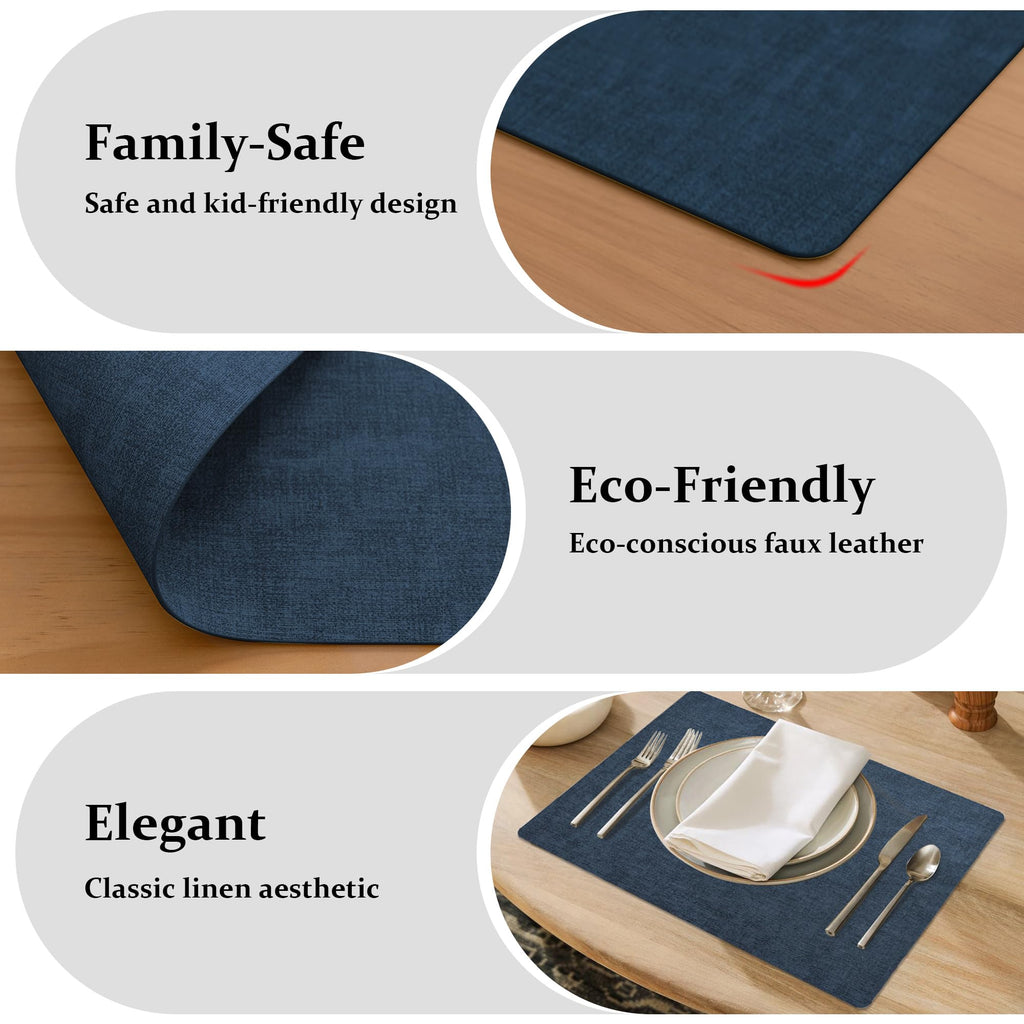 Faux Leather PU Placemats Set of 6 (Dark Blue,11.8" x 17")