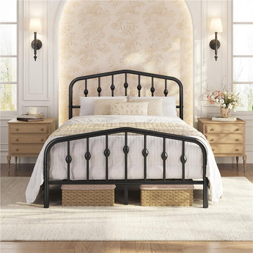 Metal Bed Frame with Victorian Vintage Headboard, Black