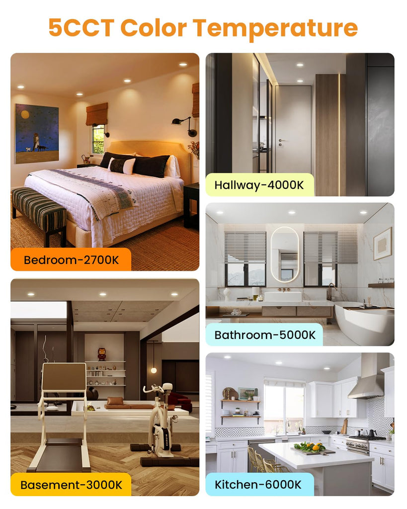 Premium Metal 4 Inch LED Recessed Lights - Retrofit Baffle Can Lighting, 800LM 9W 5CCT Selectable (2700K-6000K)