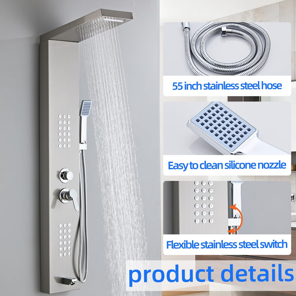 Shower Panel Tower System 5-in-1 Shower Panel Tower with Powerful Body Massage, Rainfall, Waterfall,Handheld and Tub