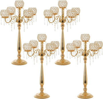 4 Packs 5 Arms Crystal Candelabra, Gold Floor Candle Holder Set with Chandelier Crystal Beaded Anniversary Dinner