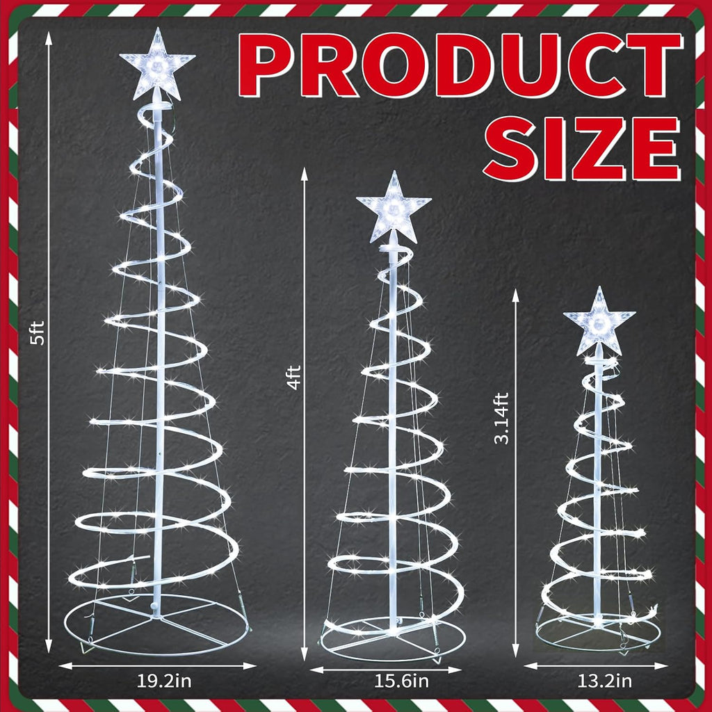 Set of 3 Christmas Spiral Tree Lights, 3/4/5 FT Holiday Decor, Cool White