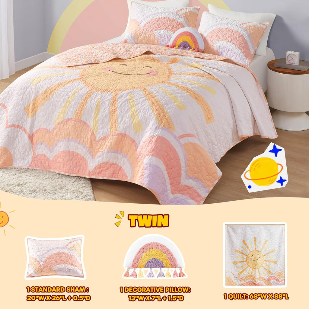Kids Twin Quilt Bedding Set, Cotton Coverlet Sun Girls Bedding Set Rainbow & Clouds Reversible Dawn Light & Breathable Sham Throw Pillow Twin Yellow/Coral 3 Piece
