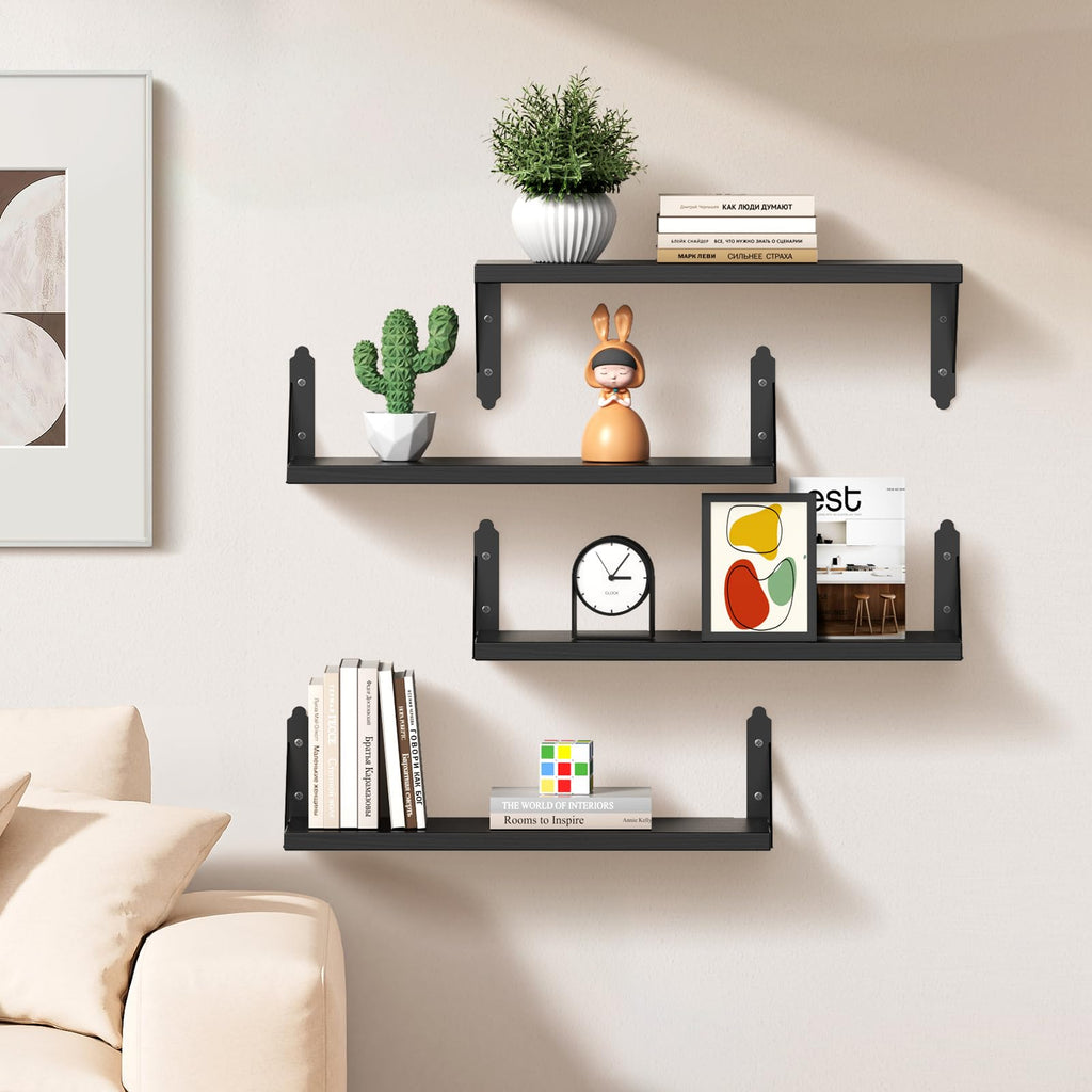 Wood Wall Floating Shelves Set of 4, 17" x 6" - Black