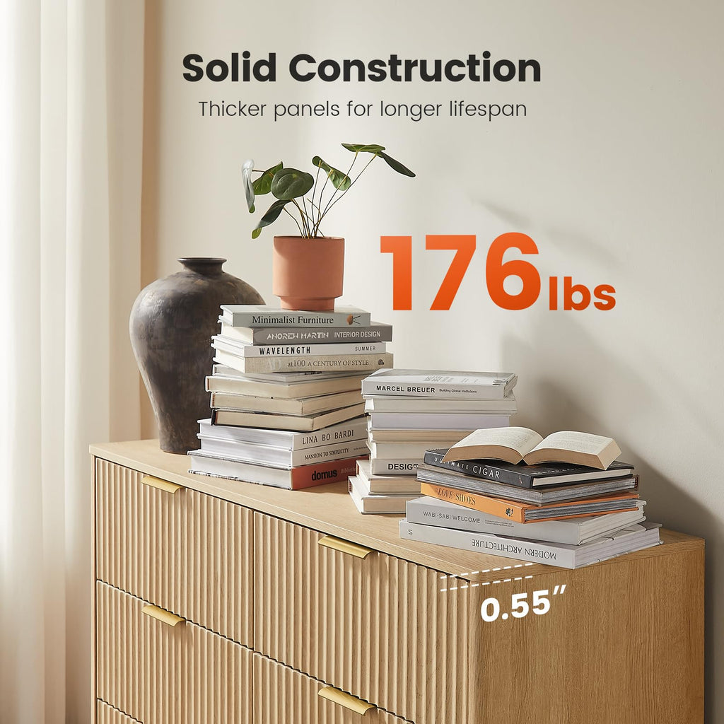 Fluted 6 Drawer Dresser, Modern Wood Chest of Drawers, Natural Oak
