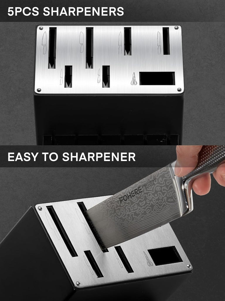 Knife Set, 14 Pieces Kitchen Knife Set with Built-in 5 x Sharpeners, Waved Texture Knife Set with Block, Stainless