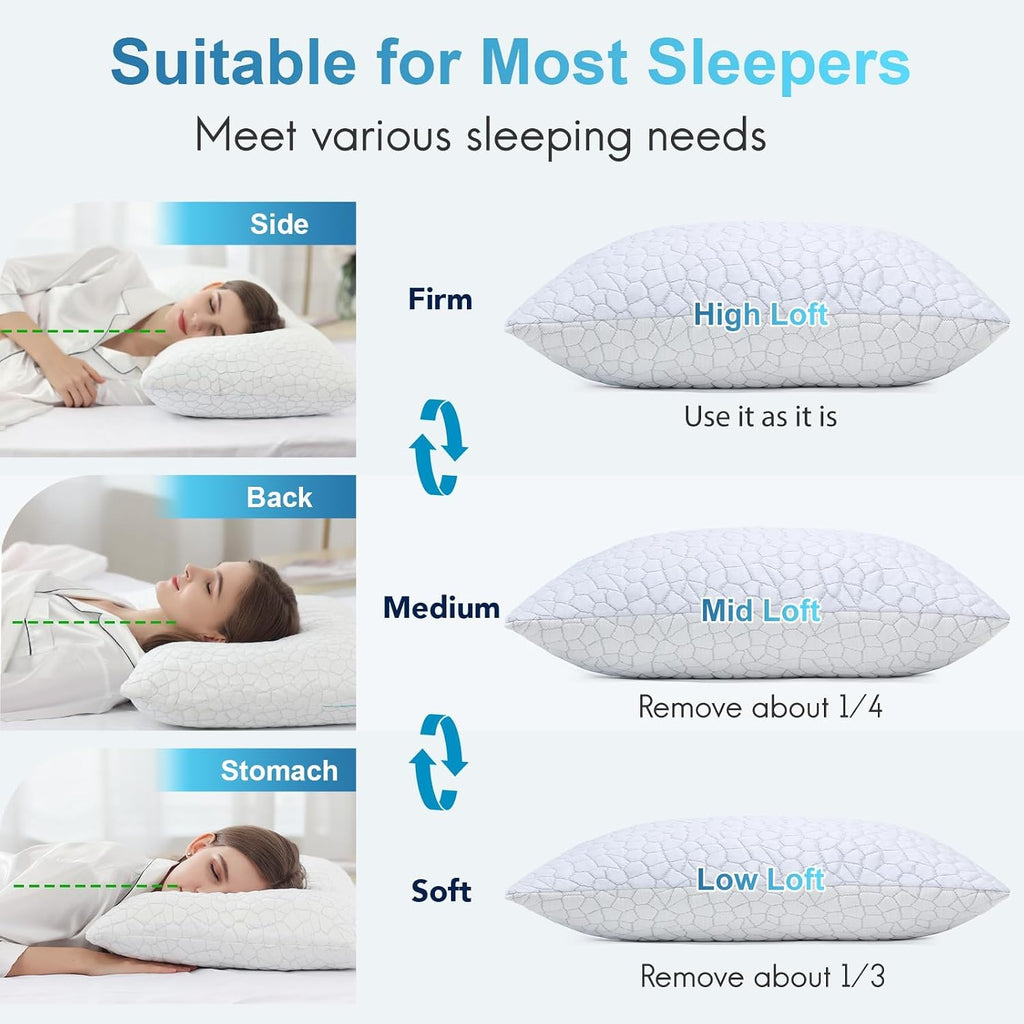 Cooling Memory Foam Pillows Queen Set of 2, Adjustable Shredded Memory Foam,Bed Pillows for Sleeping with Breathable
