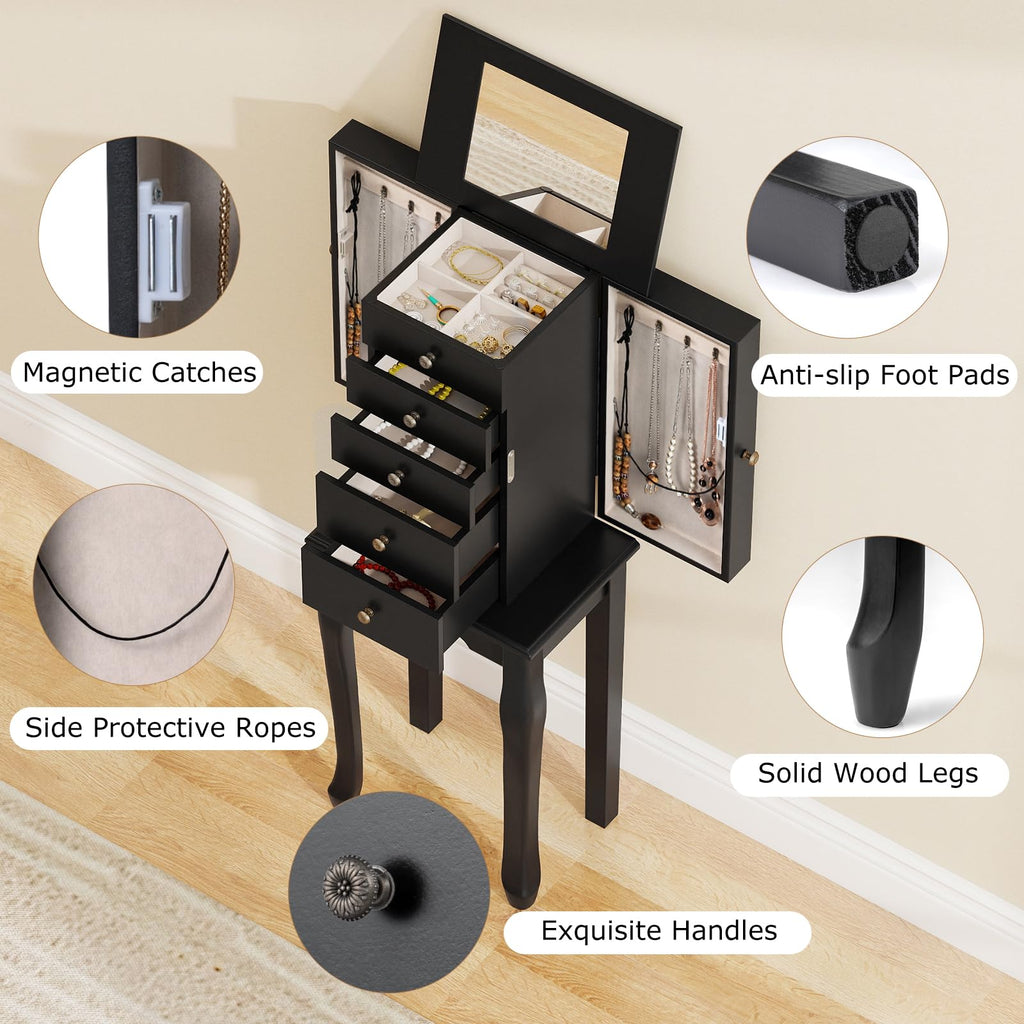 Standing Jewelry Cabinet Armoire with Top Flip Mirror, Jewelry Box Chest with 4 Drawers, Top Compartments, 8 Necklace