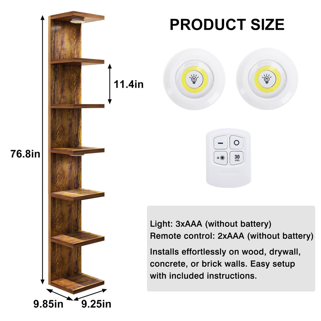7 Tier Wall Shelf with LED Lights for Room Decor Rustic Brown
