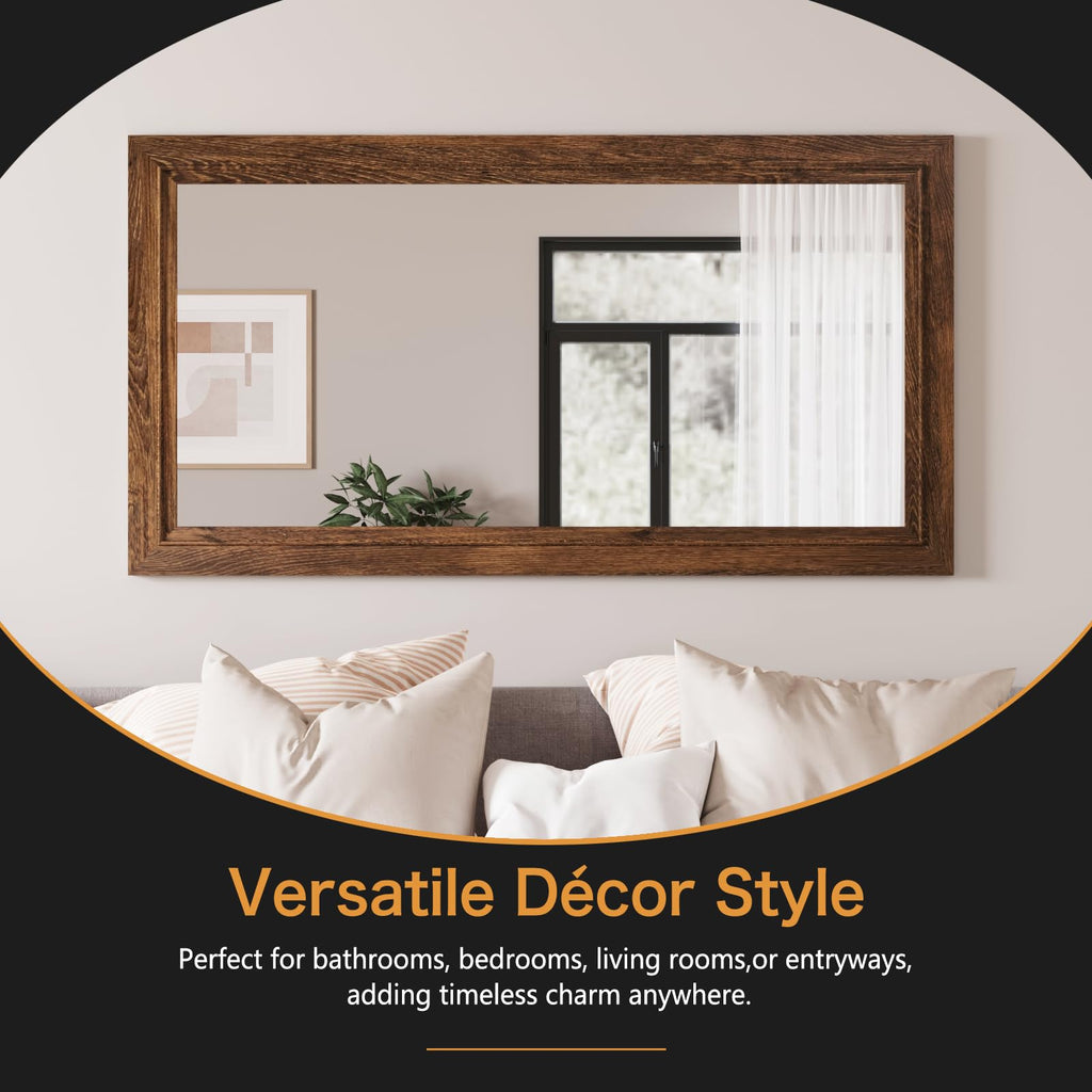 Rustic Wall-Mounted Vanity Mirror, Solid Wood Frame Bathroom Mirror, Farmhouse Style, Horizontal/Vertical Hanging