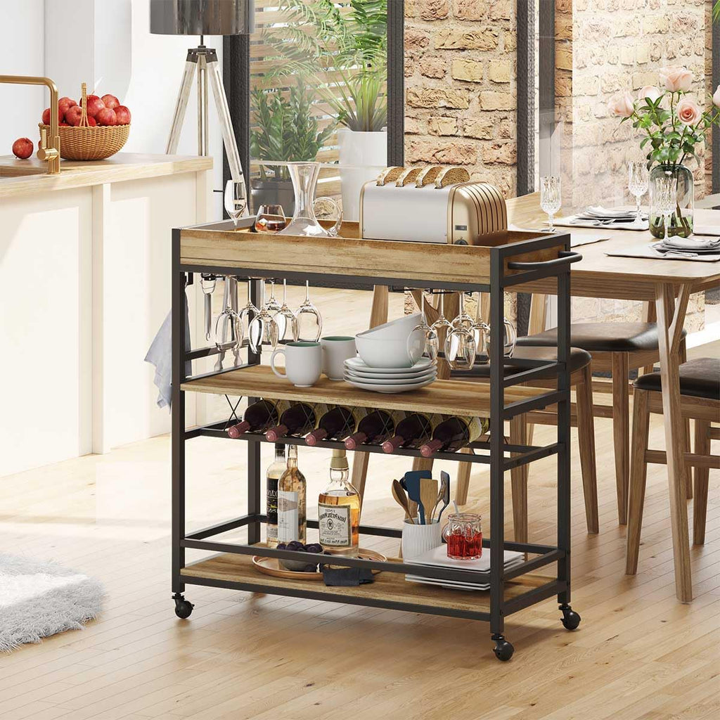 Bar Cart for The Home, Bar Serving Carts on Wheels, 3 Tier Storage Drink Trolley, Rolling Wood and Metal Liquor