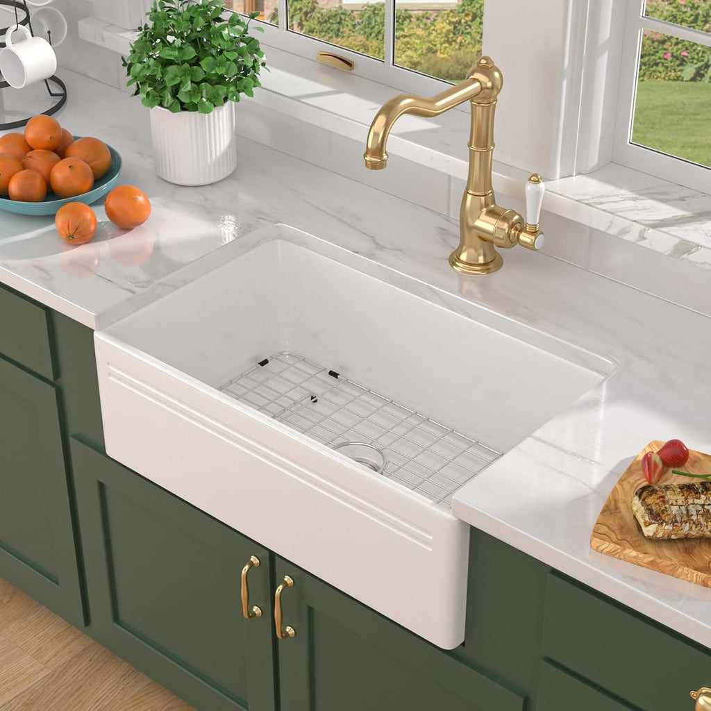 30 Inch Reversible White Farmhouse Sink - Country Style Fireclay Apron Front Farmhouse Kitchen Sink 30x18x10 Ceramic