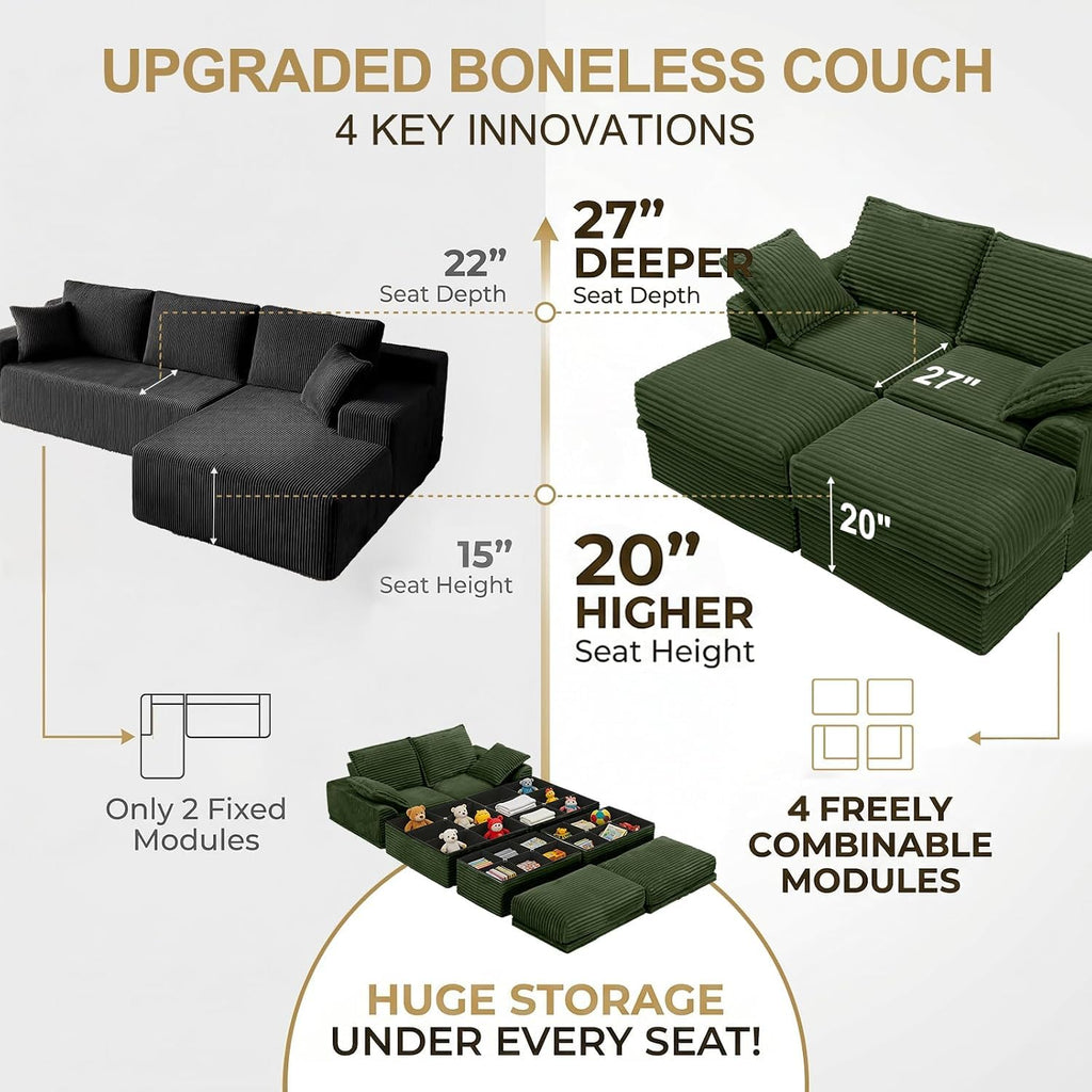 Upgraded Boneless Couch with Storage, Deep Seat Modular Sectional Sofa 2 Seater Loveseat Sofa with Ottoman, No