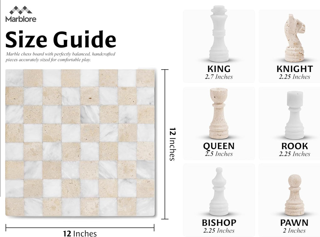Marble Chess Sets for Adults 12 Inch White & Travertine