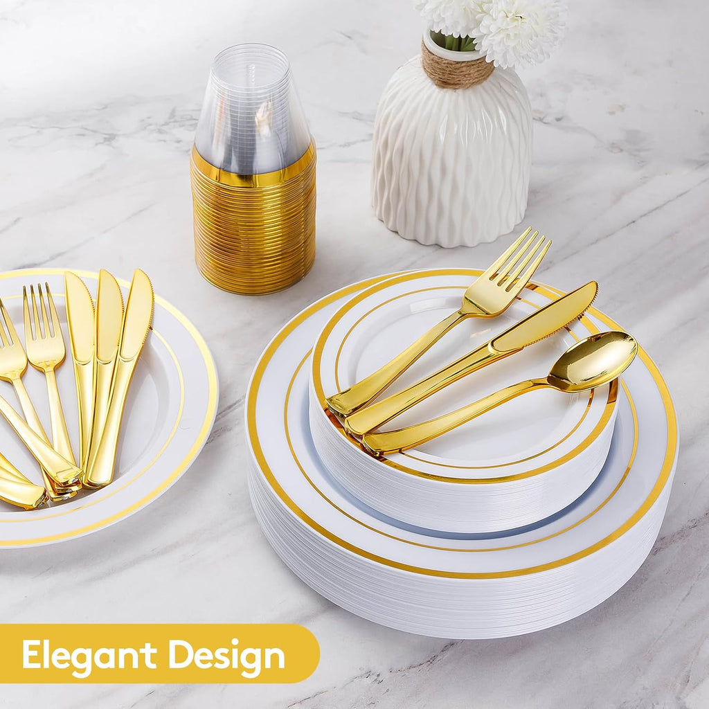600 Pieces Gold Disposable Plates for 100 Guests, Plastic Plates for Party