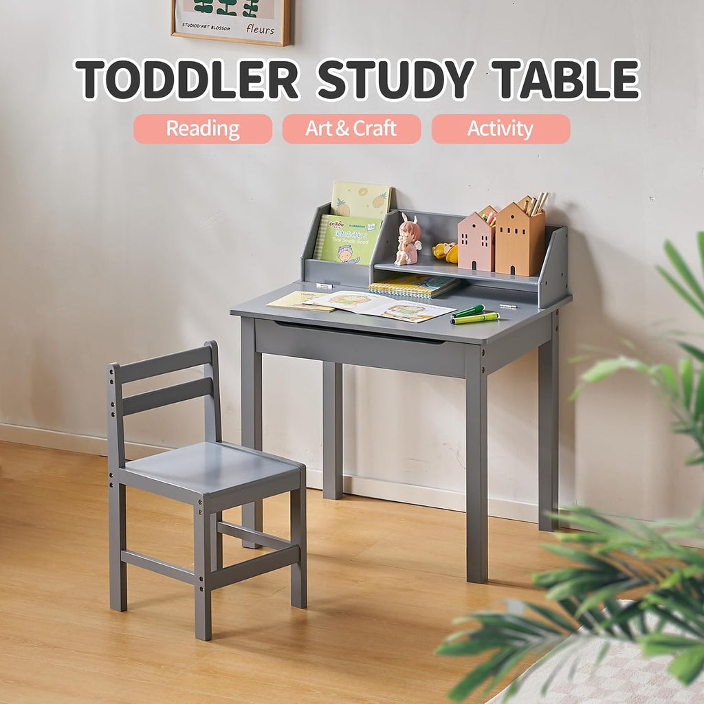 Bamboo Toddler Desk and Chair Set with Lift-Top Storage, Kids Study Table with Hutch and Bookshelf, Writing Reading