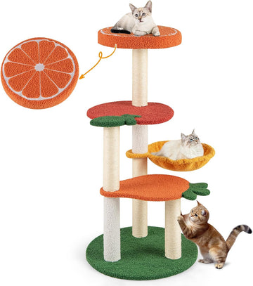 Fruit Cat Tree, Multi-Level Cute Cat Tower with Sisal Scratching Posts, Padded Top Perch, Rotatable Basket, Apple &