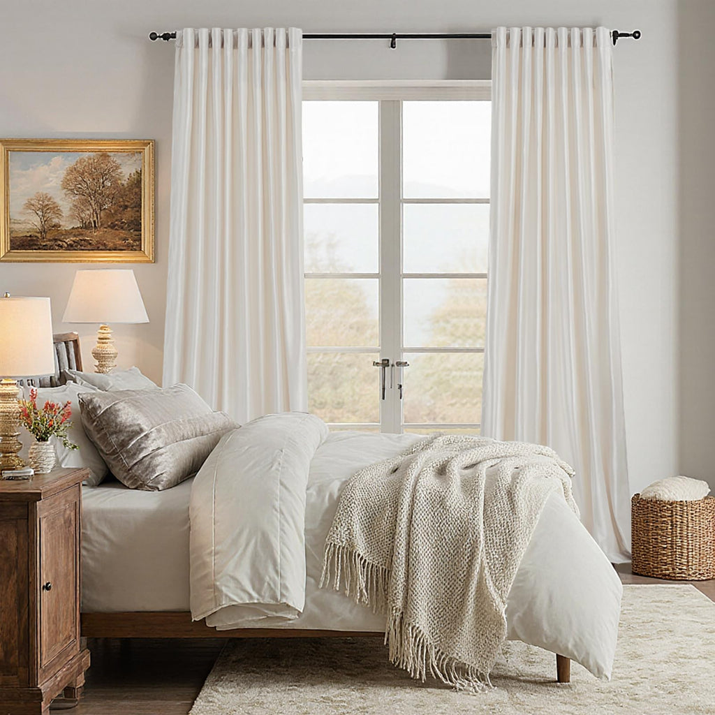 Blackout Ivory Off White Velvet Curtains 90 inch Long, Set of 2 Panels Liner Rod Pocket Back Tab Thermal Window
