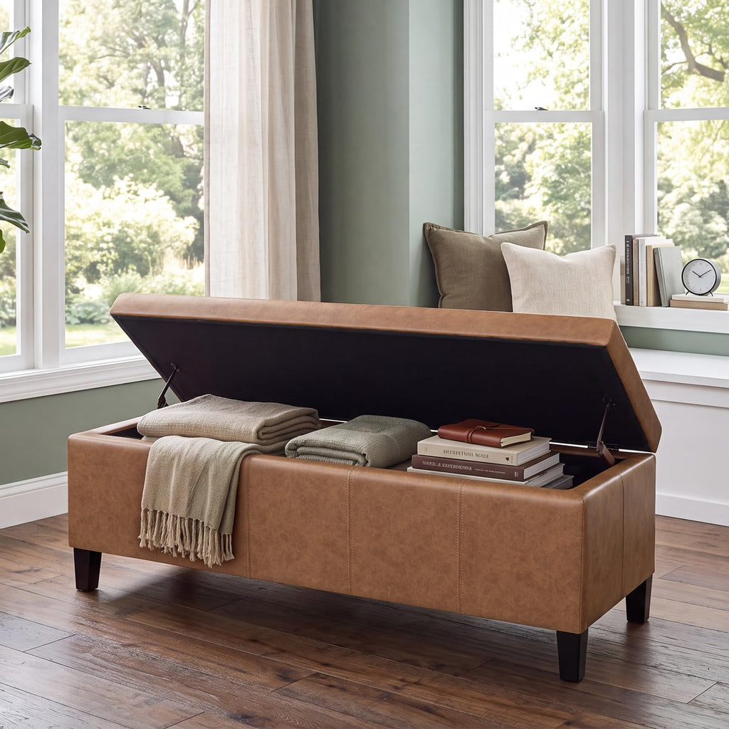 Faux Leather Storage Bench Ottoman, 50 Inch Upholstered Storage Bench with Large Compartment, Durable Accent Seating