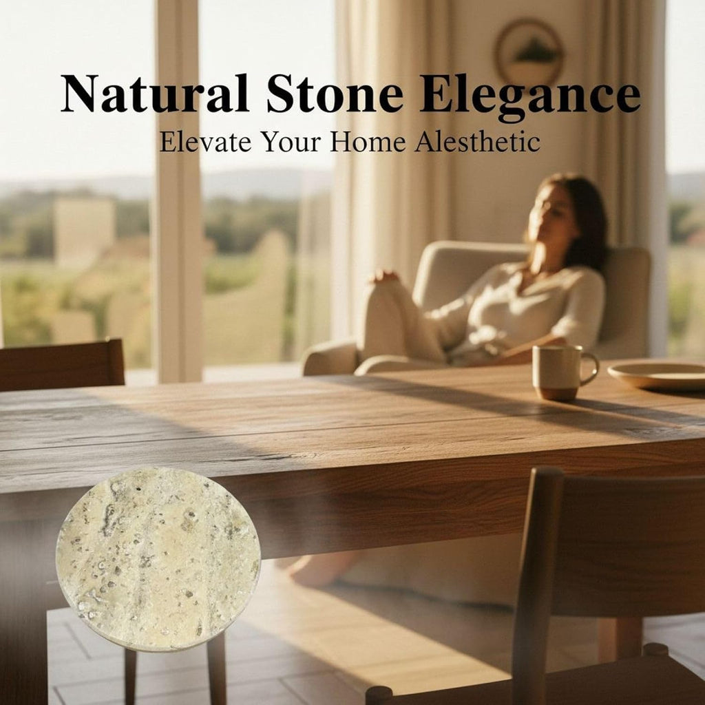 Marble Coasters Set, 3.9 in Round Natural Beige Stone Drink Coasters with Cork Base, 0.5 in Thick - Set of 6