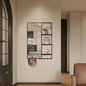 38" X 26" Black Wall Mounted Mirror for Wall, Full Length Mirror with Shelf and Hooks, Large Wall Mirror with 3 Trays