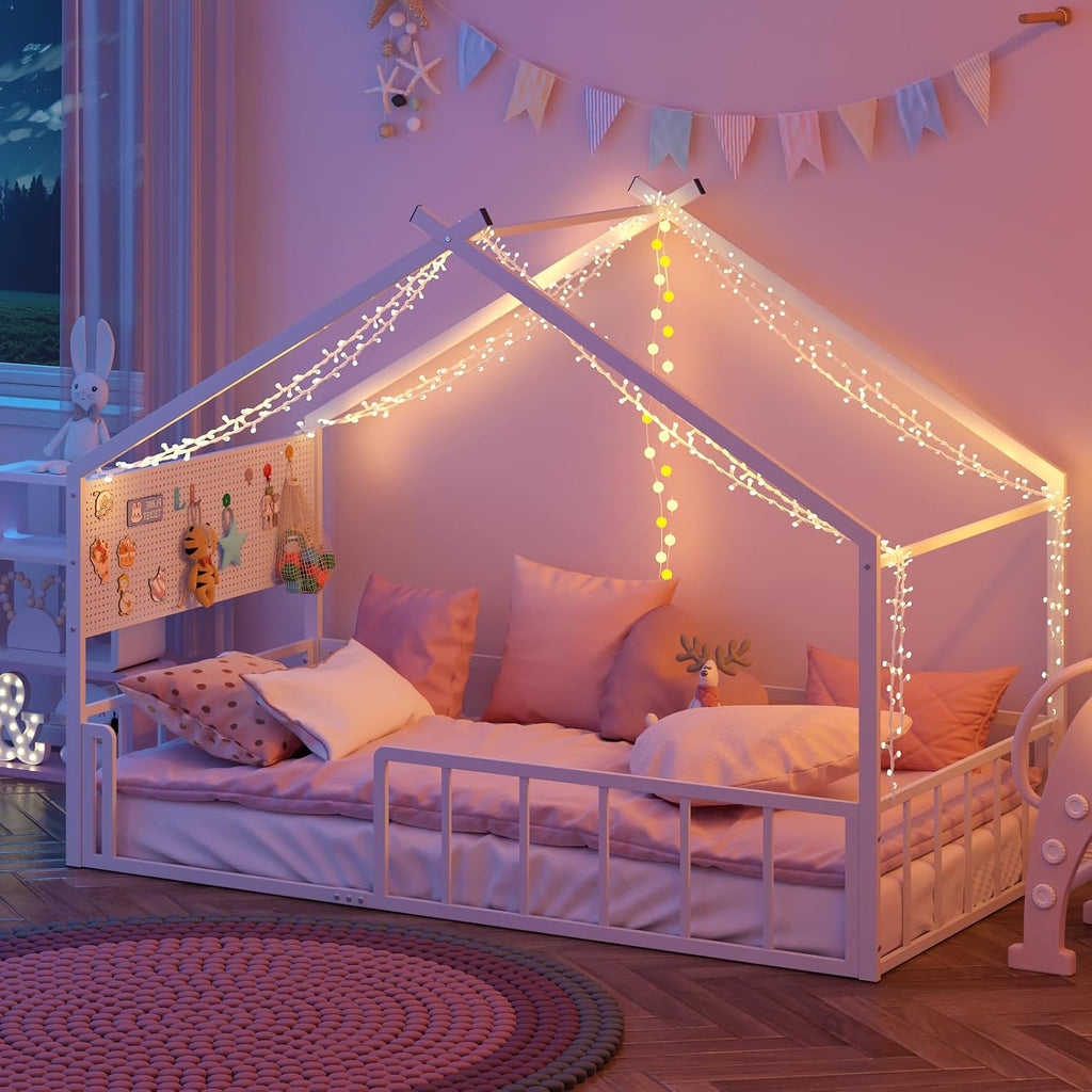 Montessori House Bed for Kids, Metal Floor Bed with Pegboard