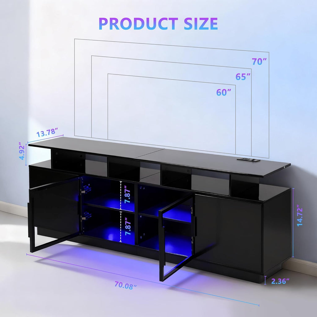 70 Inch Black TV Stand for Living Room, LED Entertainment Center for Gaming, Modern TV Cabinet Console, Transparent