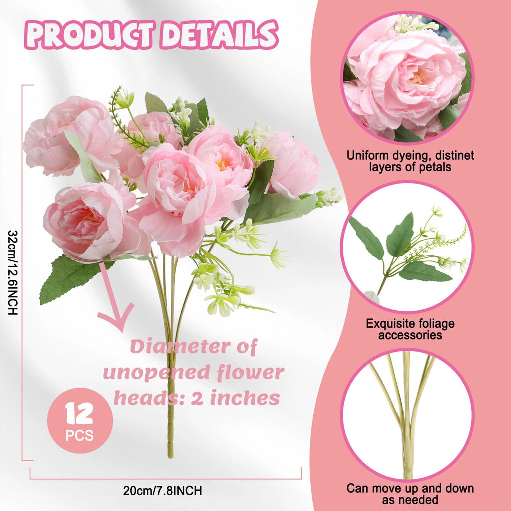 12 Bundles Pink Peonies Artificial Flowers Bulk for Centerpiece