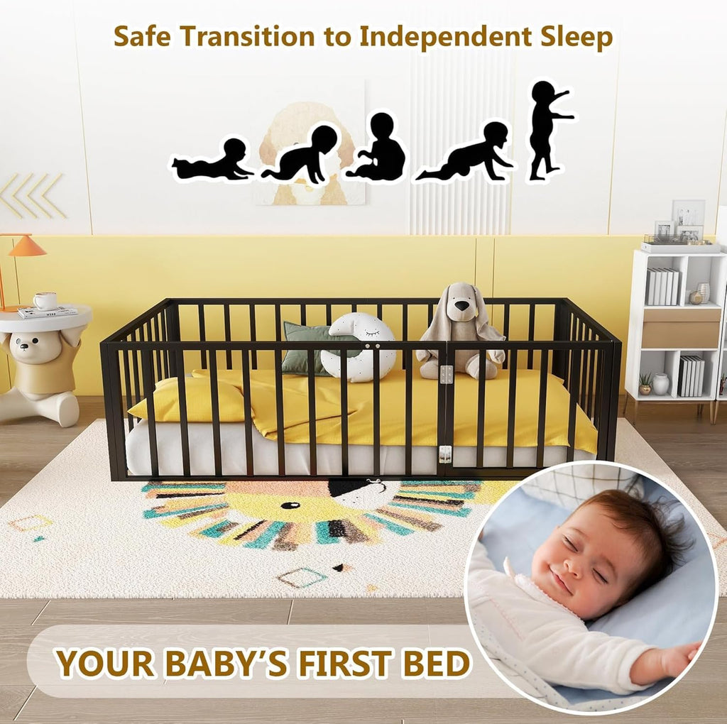 Floor Bed with Fence and Door, Heavy Duty Metal Montessori Floor Bed with Rails, Low-Profile Montessori Beds