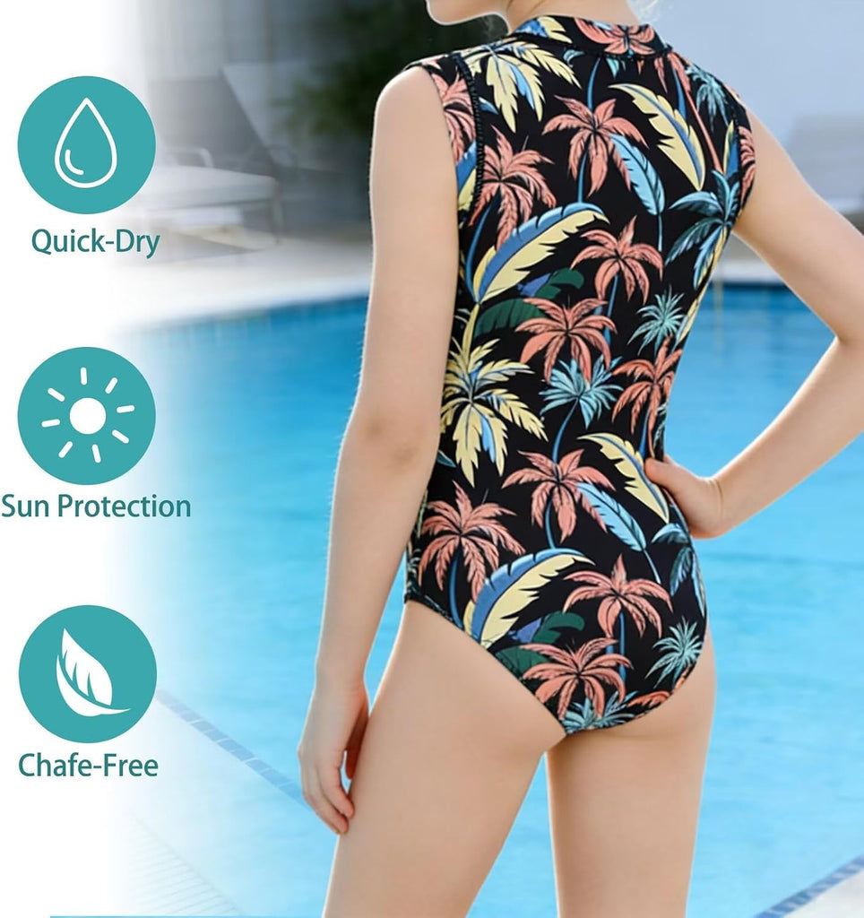 Girls One Piece Swimsuits Sleeveless Rash Guard for Kids Zipper Front Surfing Bathing Suits Summer Beach Swimwear