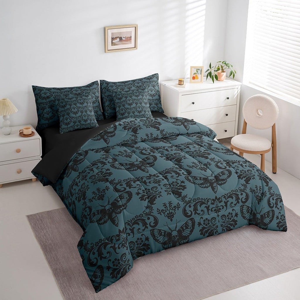 Gothic Bed in A Bag 7 Piece Turquoise Black Moth Goth Queen Comforter Set with Sheets Vintage Damask Boho Bedding