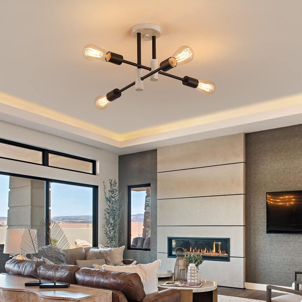 Farmhouse Ceiling Light Fixtures, Oak+Black, 4-Lights Rustic Vintage Metal Sputnik Chandelier Living Room Dining Room